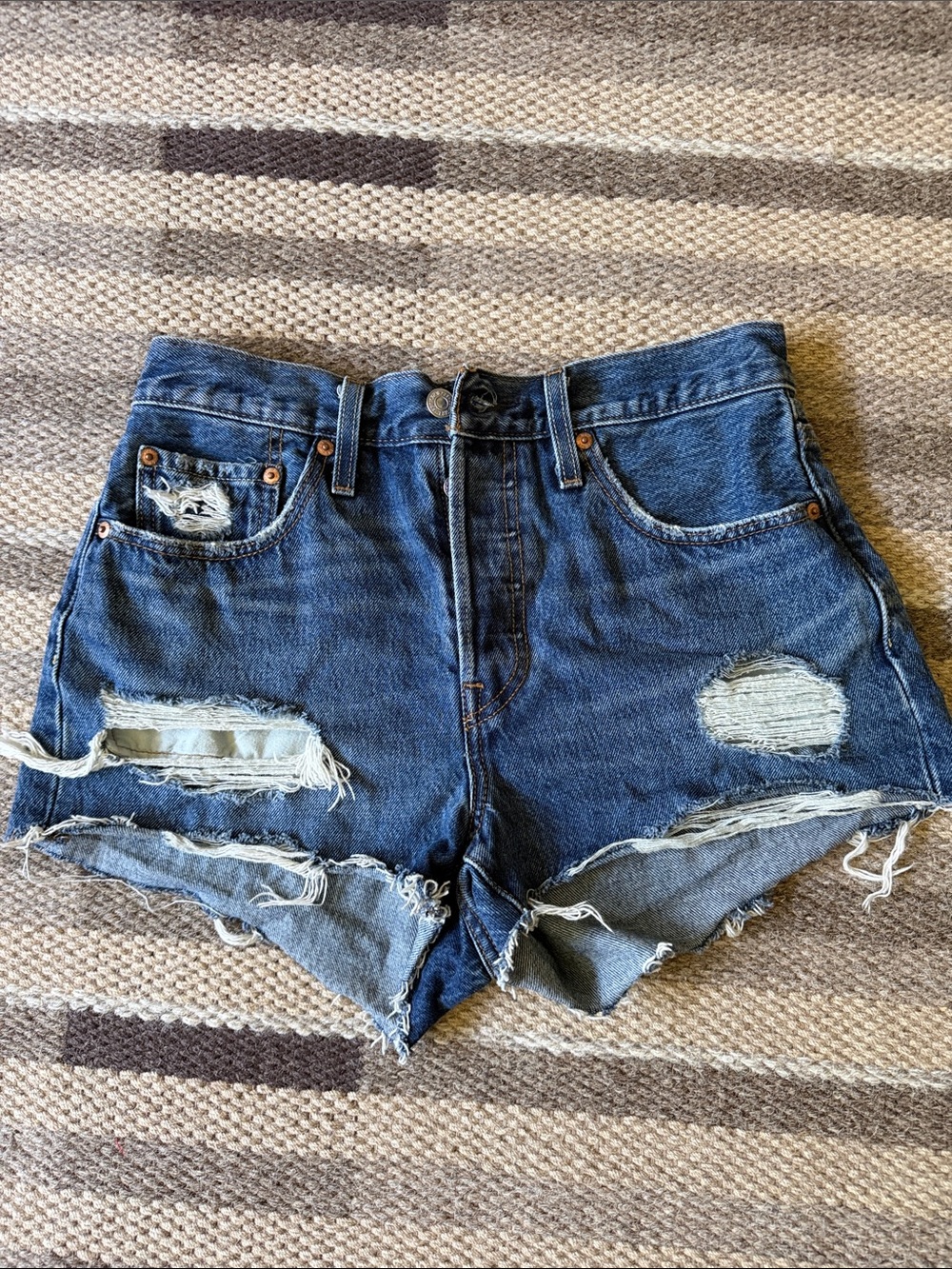 501 Levi's Distressed Dark Blue Jean Shorts